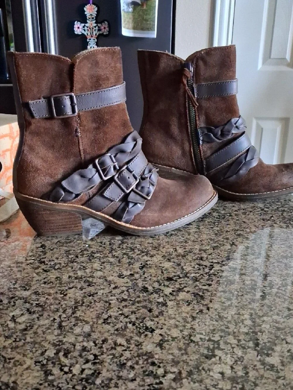 Latigo Dark Brown Suede Ankle Booties with Strap and Buckle Details